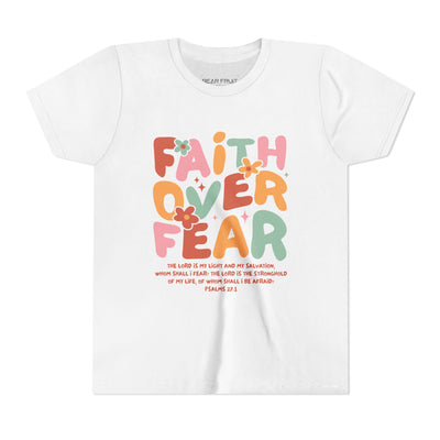 Faith Over Fear Youth T‑Shirt — Colorful Floral Christian Tee (Psalm 27:1)