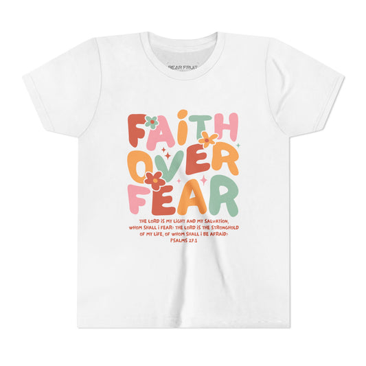 Faith Over Fear Youth T‑Shirt — Colorful Floral Christian Tee (Psalm 27:1)
